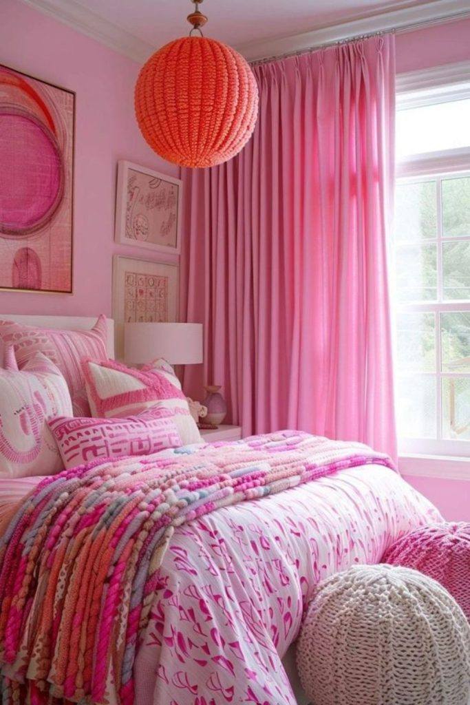 Bubblegum pink bedroom with playful accents.