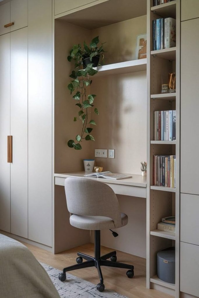 Built-in bedroom desk with cabinets.