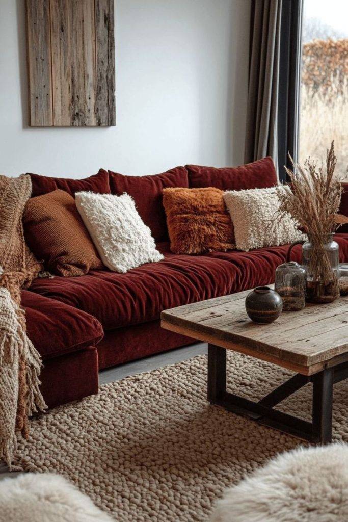 Burgundy velvet autumn room decor.
