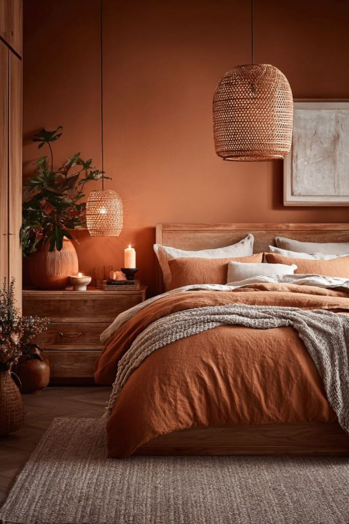 Burnt orange autumn bedroom styling.