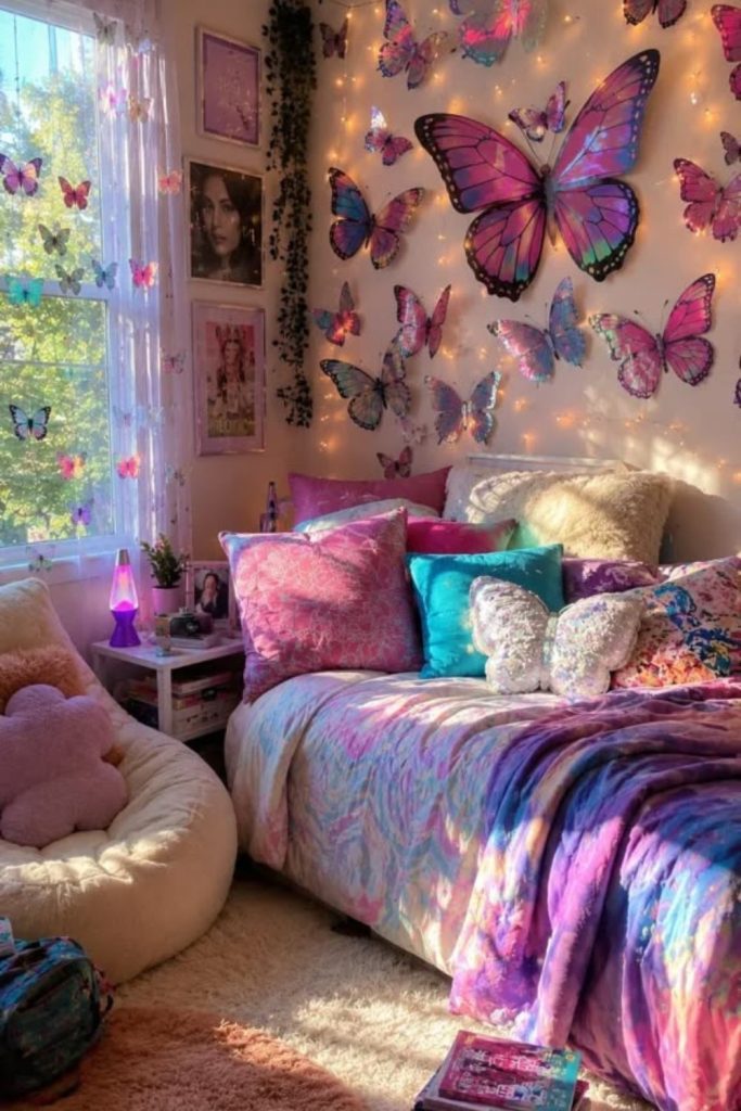 Butterfly themed colourful Y2K bedroom.