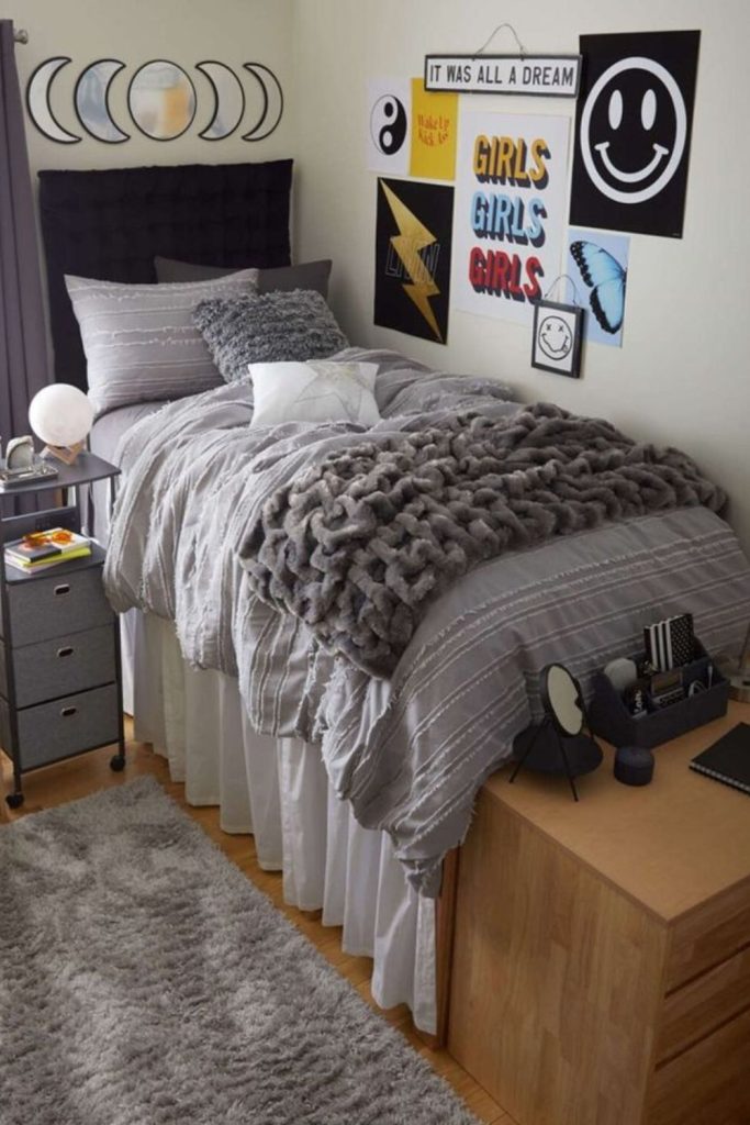 Simple gray cozy dorm interior.