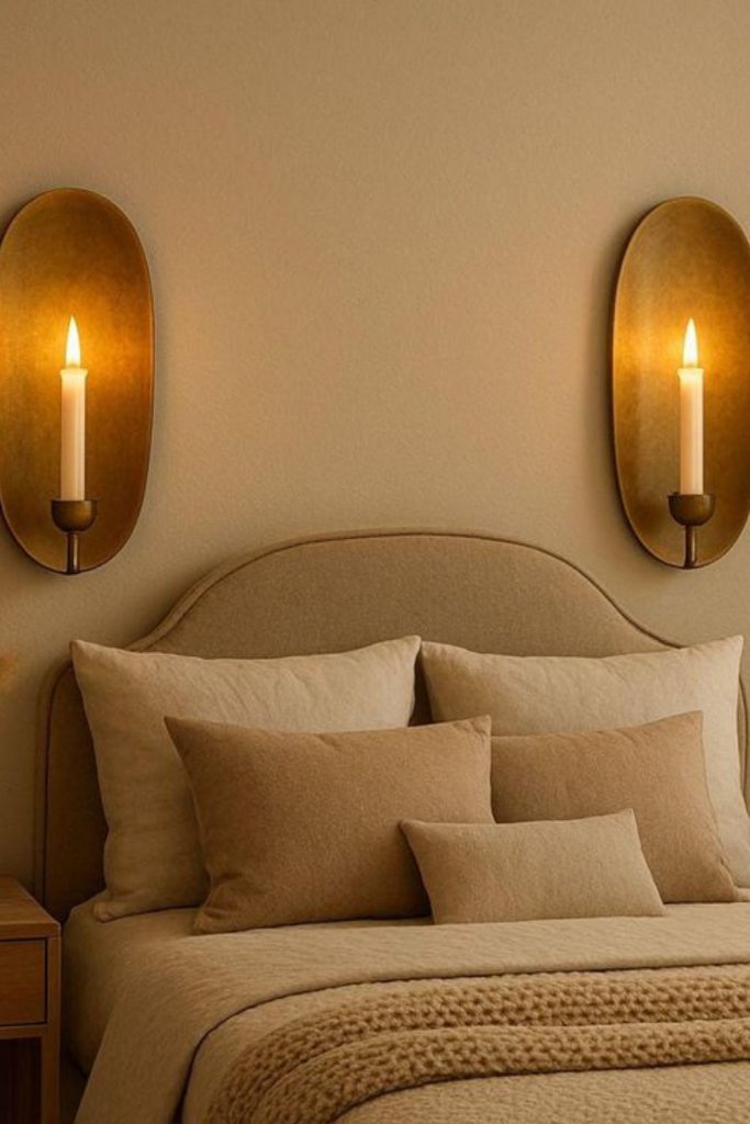 Vintage candle-style wall sconces glowing softly.