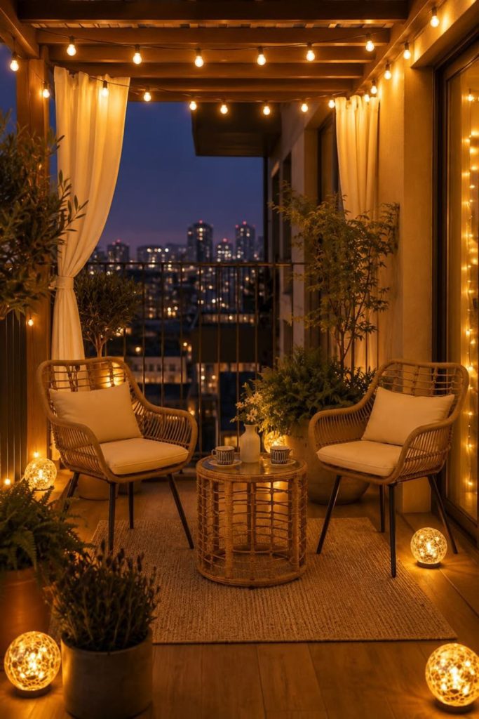 Candlelit bedroom balcony with warm lanterns.