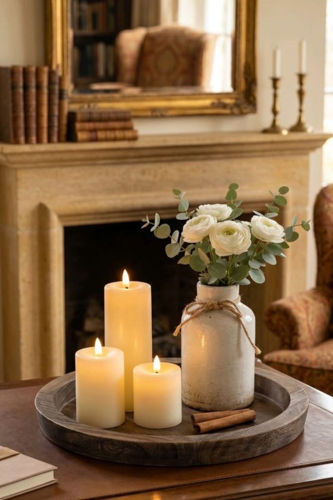 Wooden tray with candles and decor.
