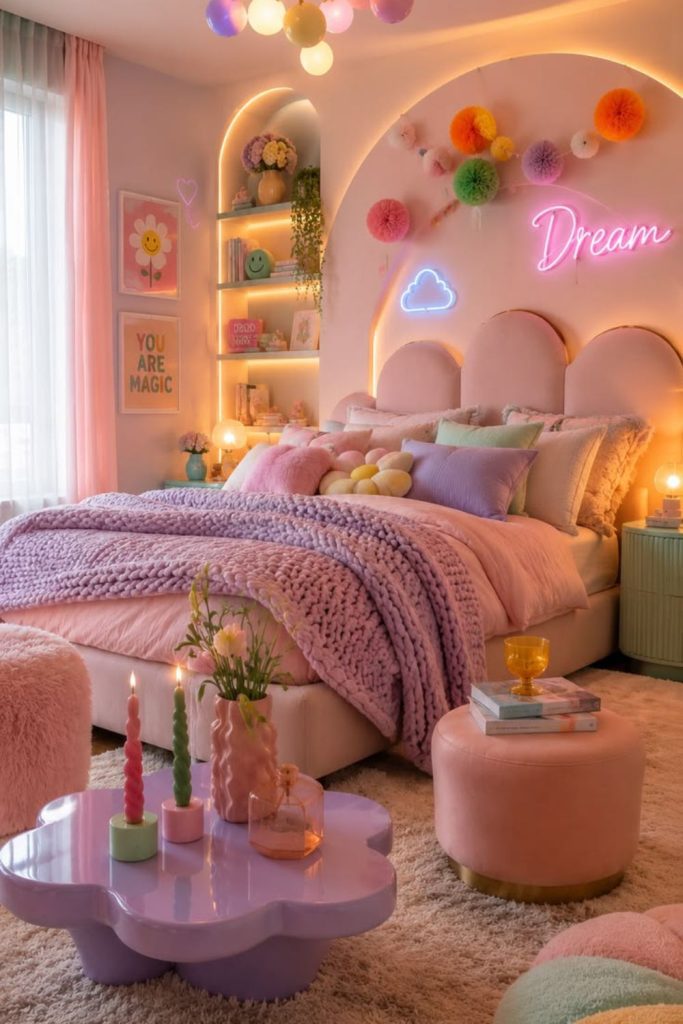 Candy colored playful teen bedroom decor.