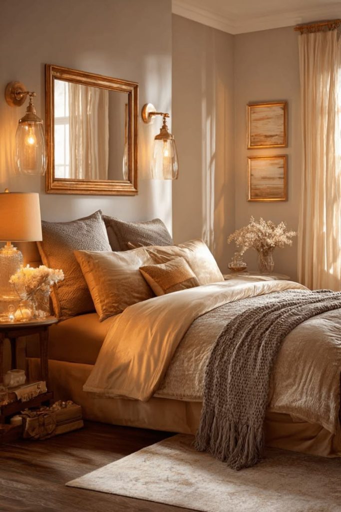Luxurious caramel fall bedroom decor.
