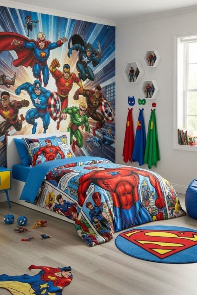 Cartoon character inspired nostalgic bedroom.