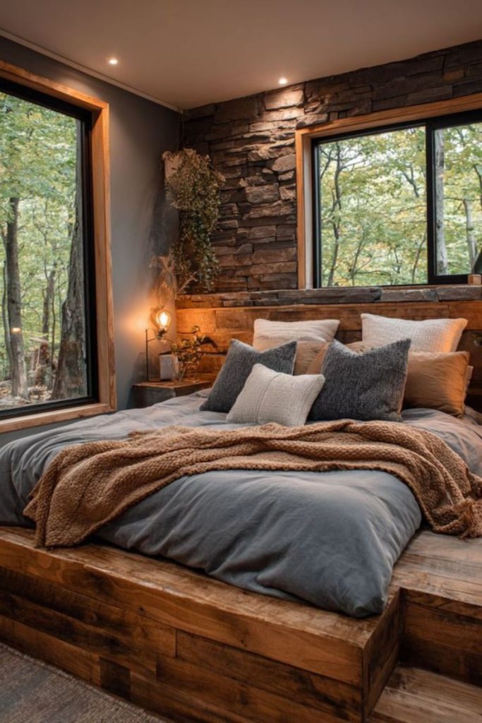 Rustic cedar wooden cabin bed.