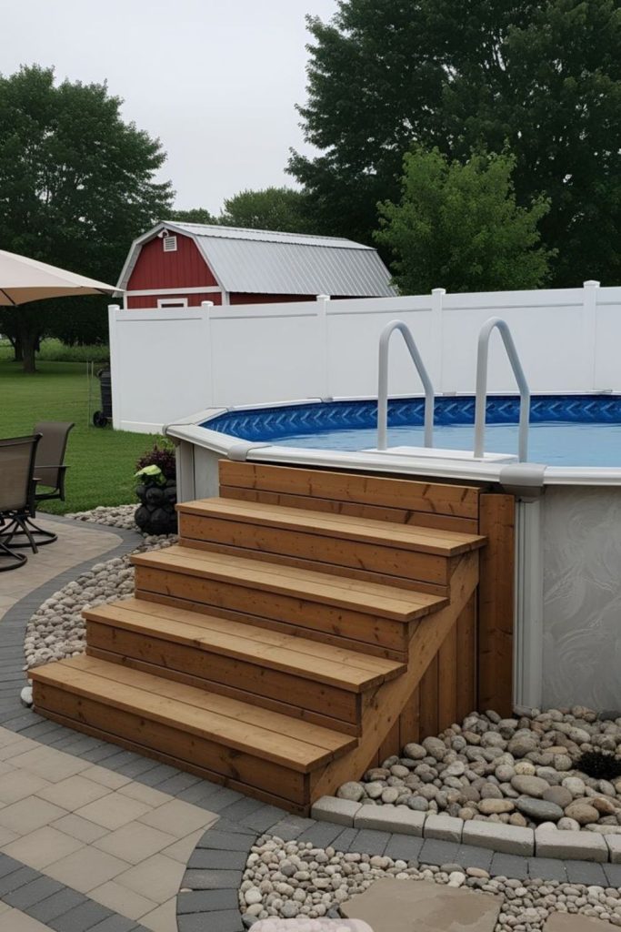 Cedar wraparound pool ladder with landing.