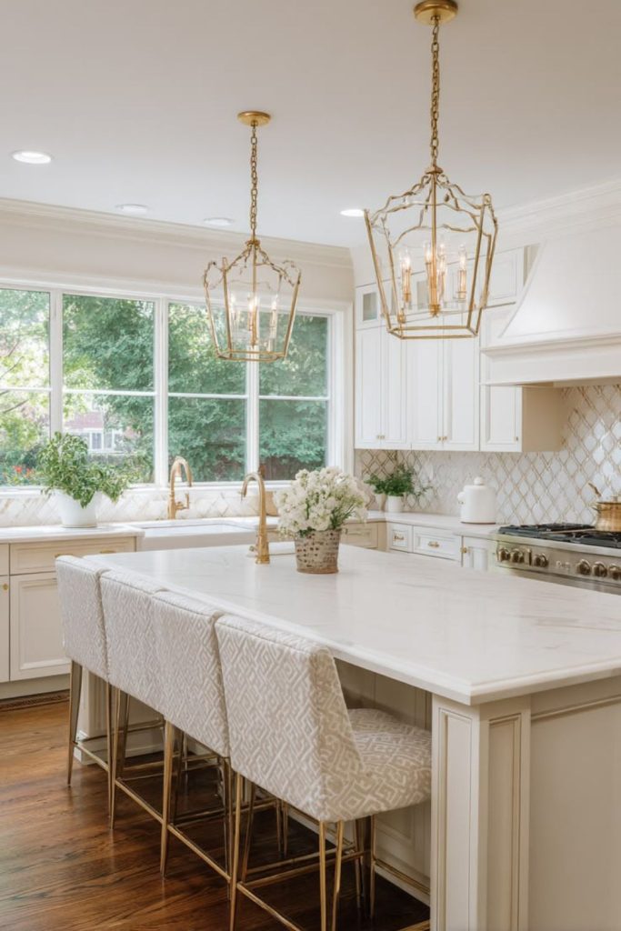 Champagne glam kitchen island with sink.