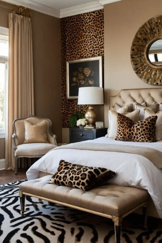 Champagne leopard bedroom with velvet bench.