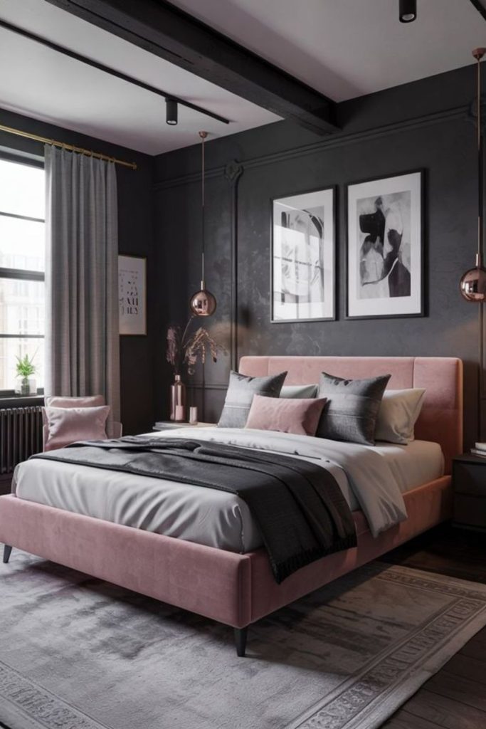 Dramatic charcoal and blush pink bedroom.