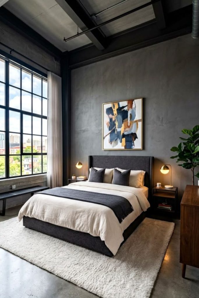 Charcoal bedroom with modern elegant styling.