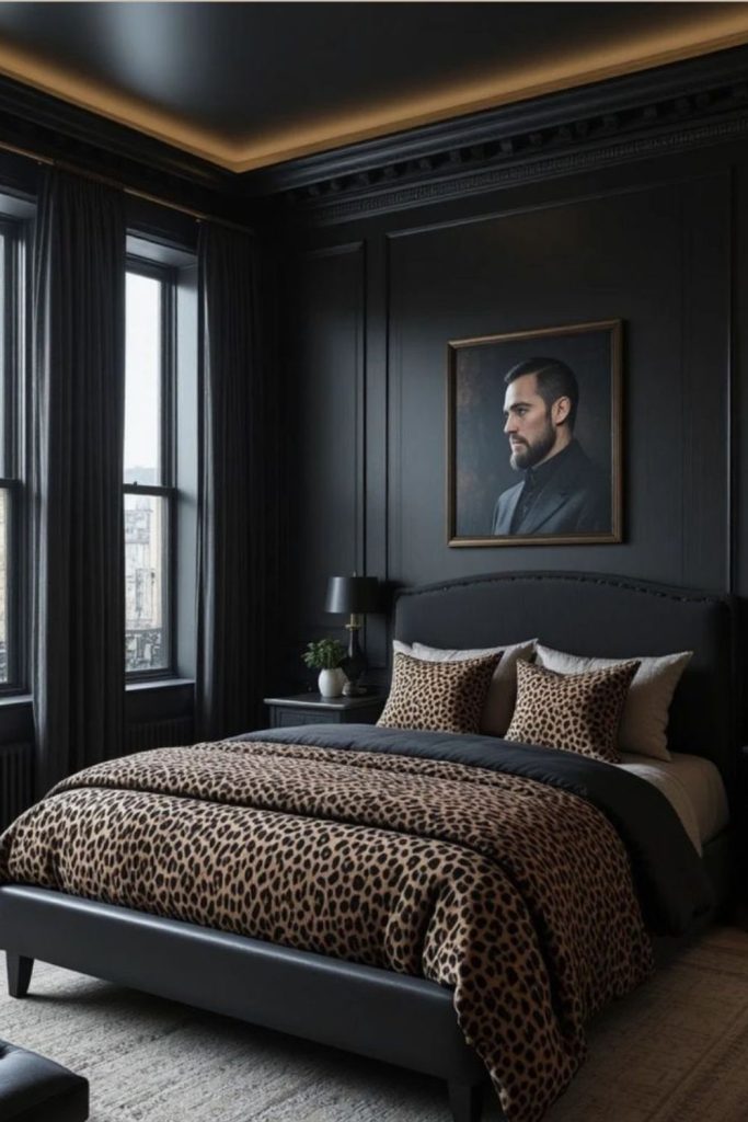 Charcoal leopard bedroom with modern style.