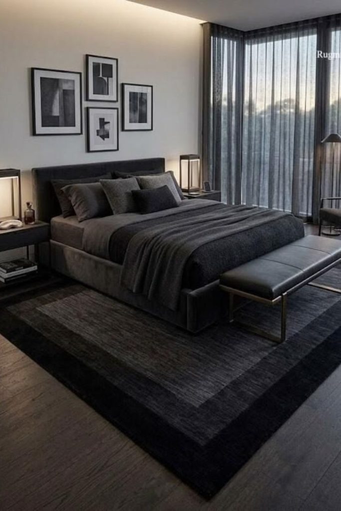 Luxurious charcoal modern men's bedroom.