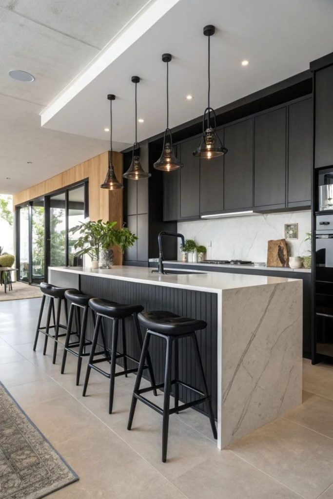 Charcoal modern waterfall kitchen island style.