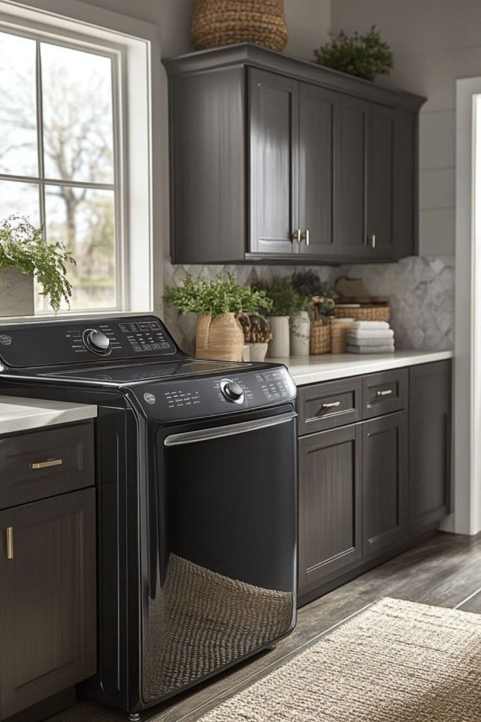 Modern charcoal laundry room cabinets.