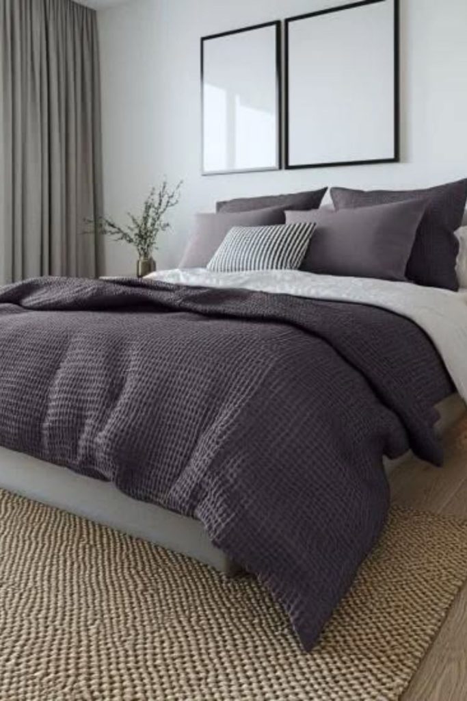 Charcoal gray and oatmeal bedding