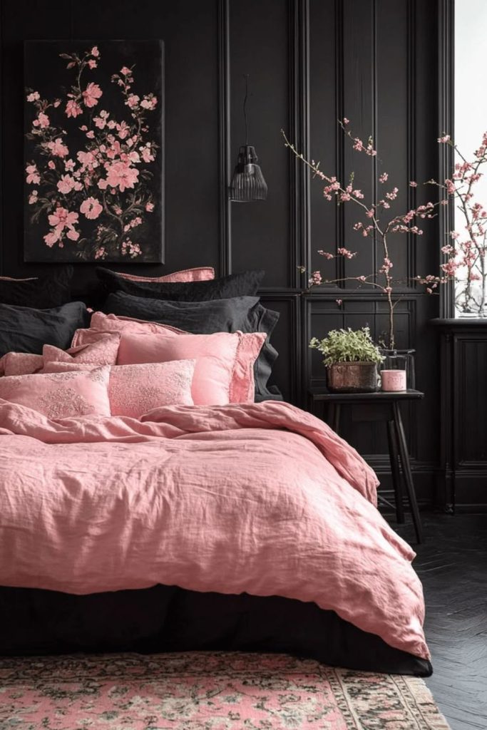 Romantic charcoal and rose bedroom design.