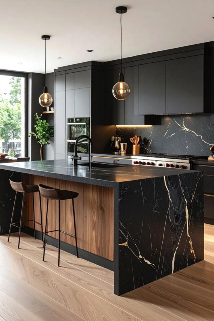 Charcoal waterfall kitchen island with sink.