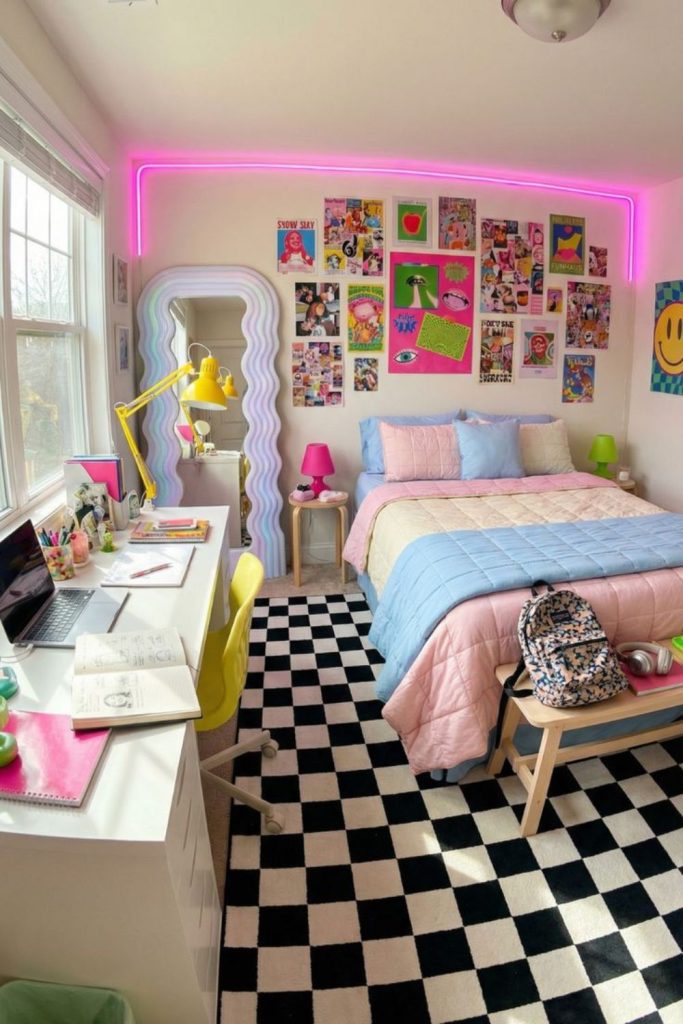 Checkerboard bedroom with colourful Y2K accents.