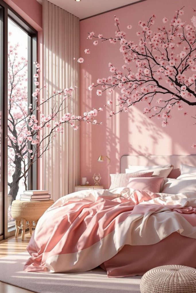 Cherry blossom pink bedroom with florals.