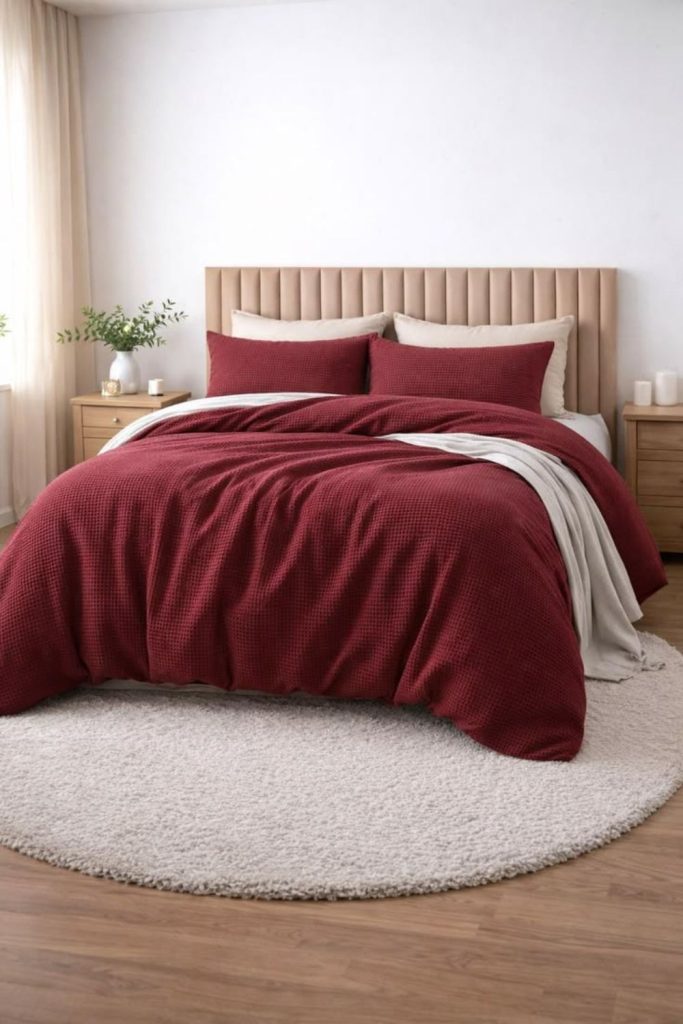 Cherry burgundy contrasting bedroom bedding