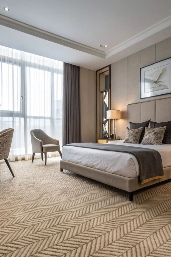 Chevron patterned modern bedroom carpet flooring.