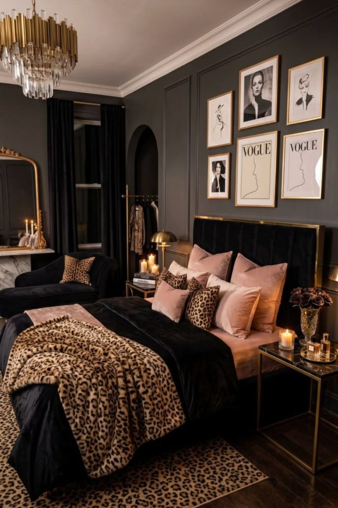 Chic black leopard bedroom styling.
