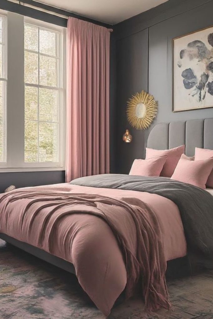 Chic pink and grey hotel bedroom.