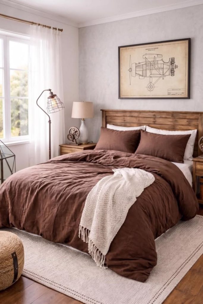 Chocolate brown bedding with cream blanket.
