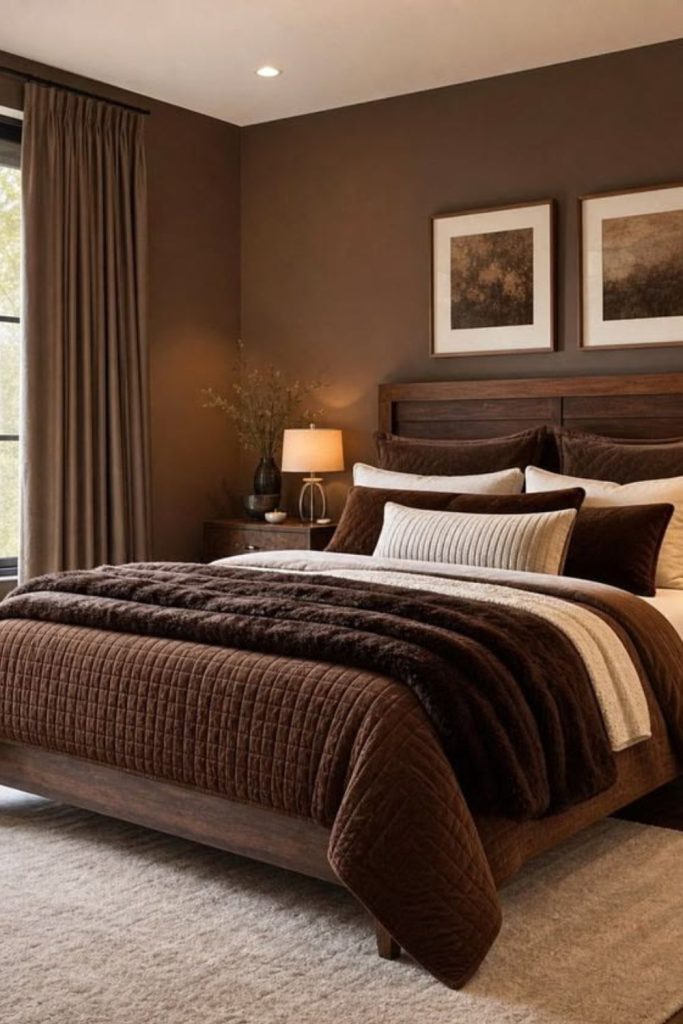 Chocolate brown cozy fall bedroom.
