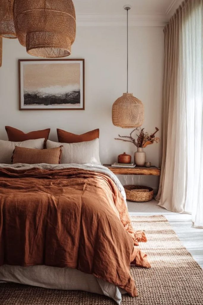 Cinnamon linen cozy bedroom decor.