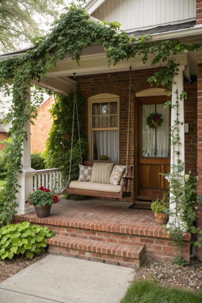 Classic brick covered porch entrance design.