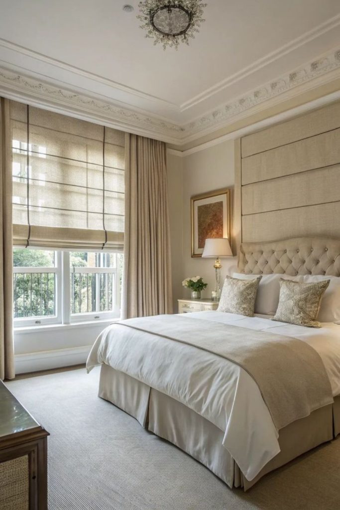 Striped curtains with neutral Roman blinds.