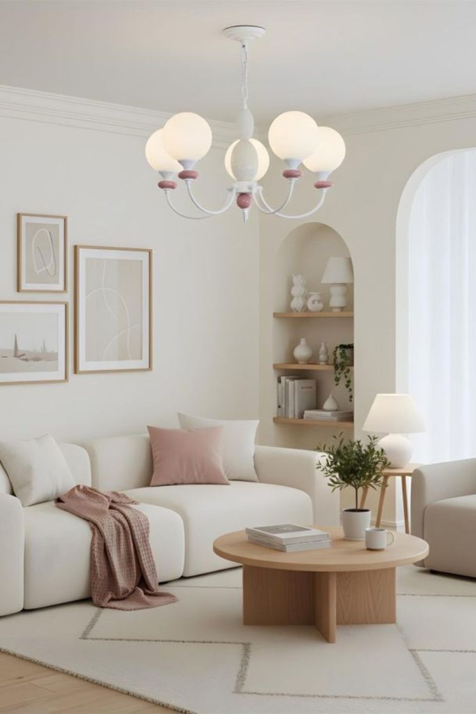 Crisp white room with wooden accents.