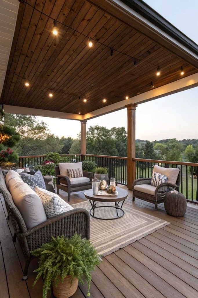 Classic wraparound covered porch with loungers.