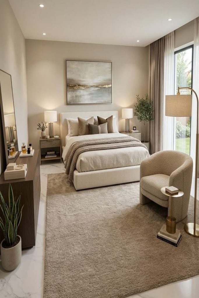 Soft ivory aesthetic bedroom with layers.