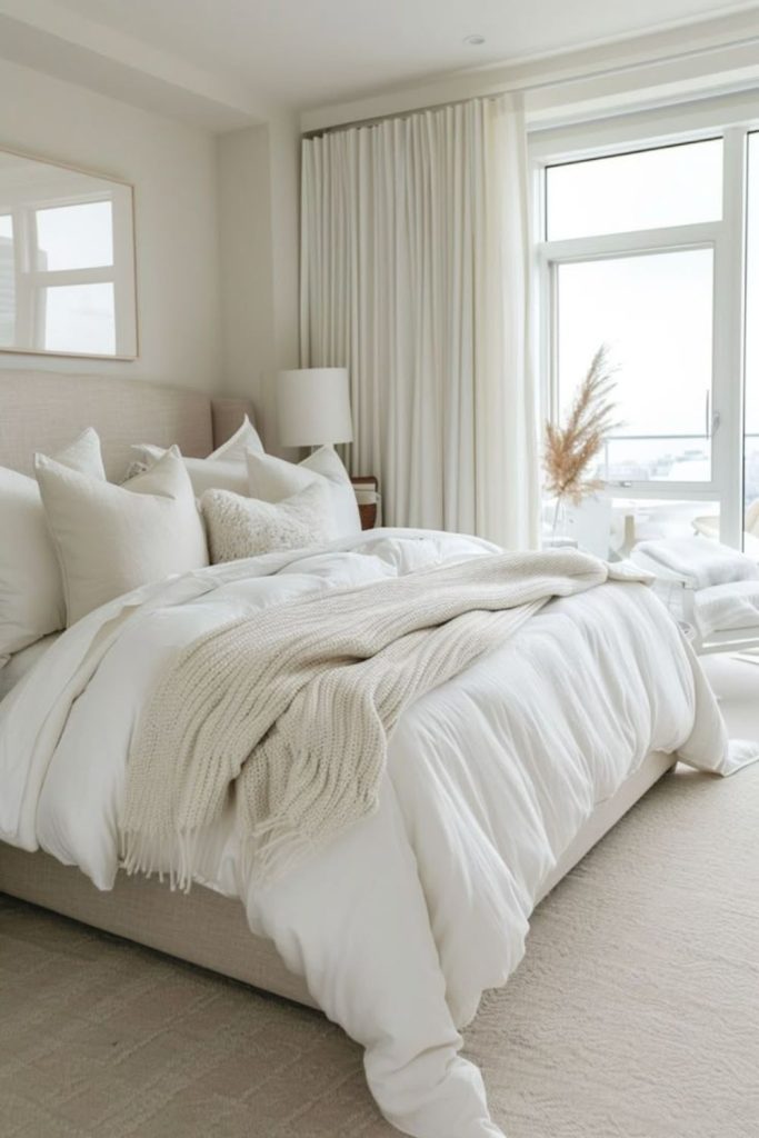 Luxurious white layered hotel style bedding.