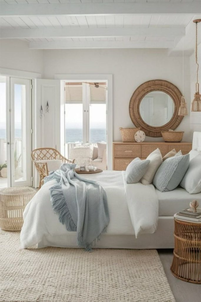 Coastal blue bedding with striped pillows.