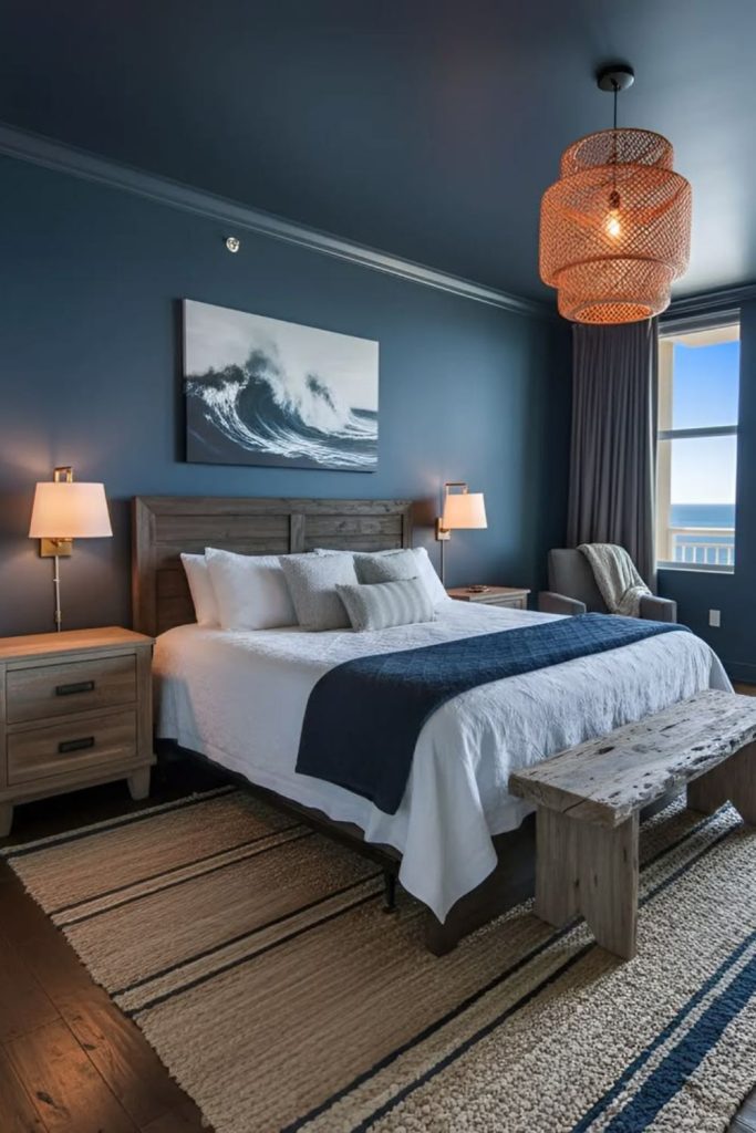 Relaxing coastal blue men's bedroom.