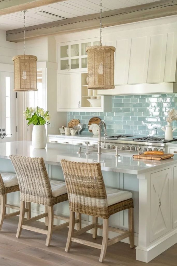 Coastal blue kitchen island with cane.