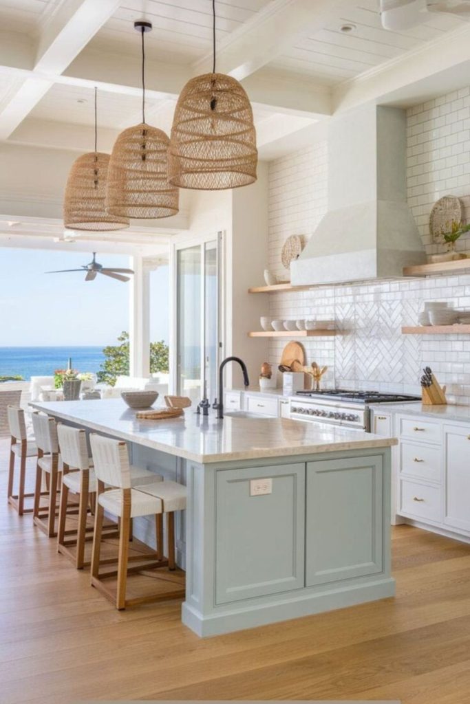 Coastal blue entertaining kitchen island.