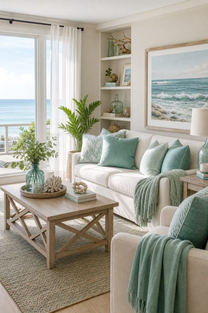 White fabrics with weathered wood accents.