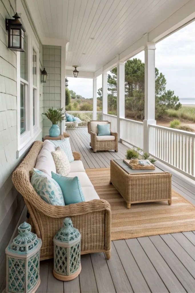 Coastal covered porch with wicker furniture.