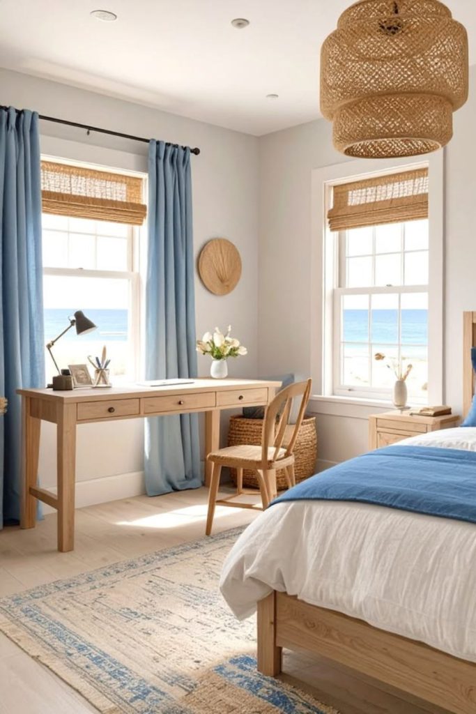 Coastal bedroom desk with blue accents.