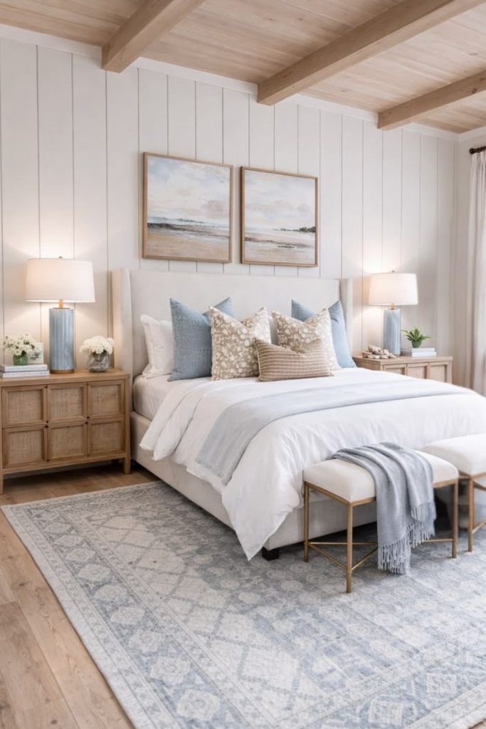 Coastal bedroom with breezy blue accents.