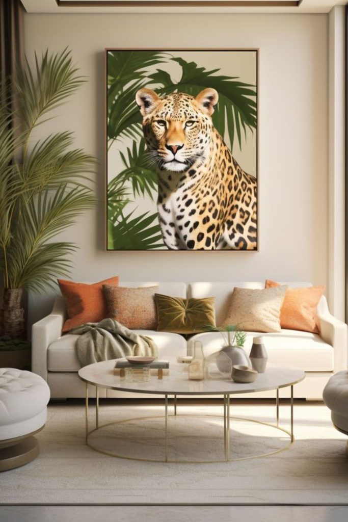 Coastal cheetah breezy living room decor.