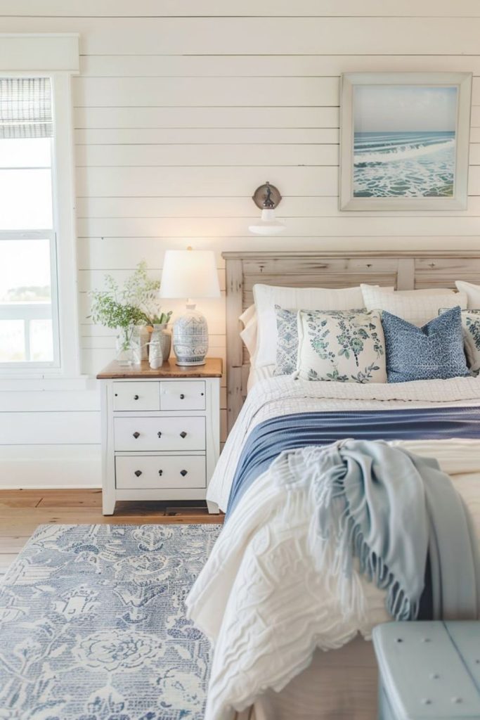 Coastal cottage bedroom with blue accents